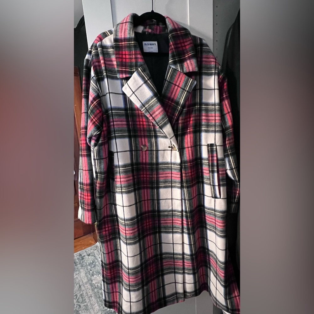 Old Navy Red Black White Plaid Double-Breasted Pea Coat